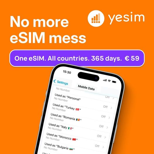 Yesim - 只要一个 eSIM所有国家。365 天。59 欧元